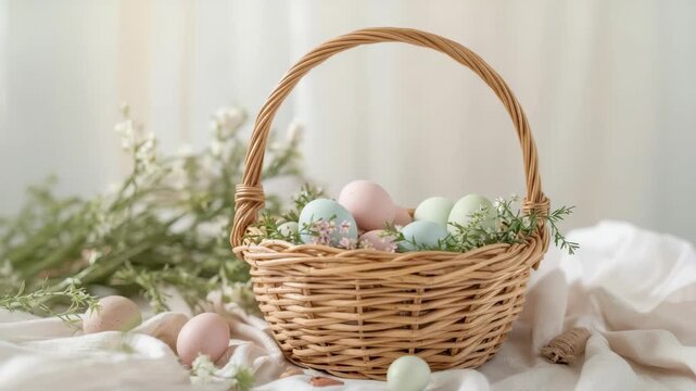 Pastel Easter basket with eggs, spring flowers and soft fabric cozy natural light ambiance
