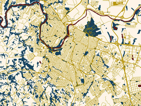 Poster-style map of Piracicaba, Brazil using gold street network with deep red water