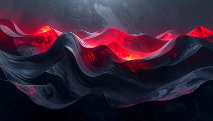 Abstract landscape of fluid, undulating shapes. Dark, cool tones blend with bursts of fiery red light, creating a dramatic, surreal effect