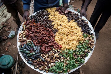 Person holds large communal platter of diverse food