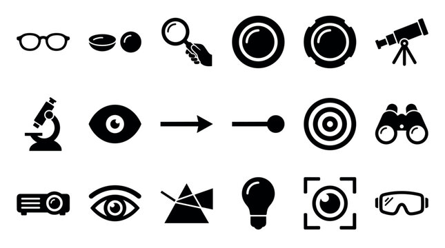 Collection of black and white icons representing optics, vision, and light, including a microscope, telescope, eyeglasses, camera lens, and magnifying glass for science concepts
