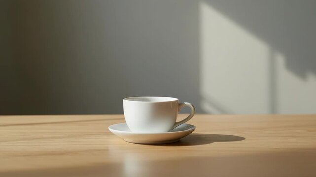White ceramic coffee cup saucer with warm sunlight soft shadow wooden table with soft window light