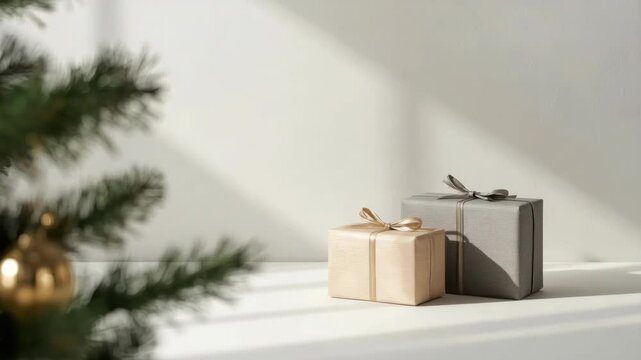 Minimalist gift box present with ribbon and bow sunlit table wrapping evoking warm holiday