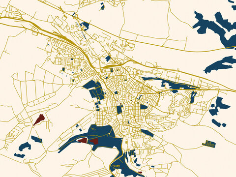 Minimalist map of BUL, Pleven, gold street network with deep red water