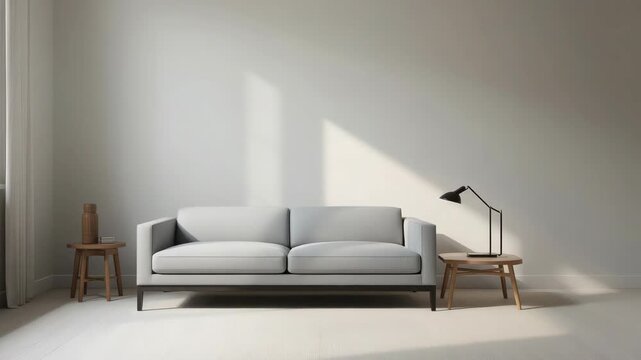 Minimalist modern living room with gray sofa, soft sunlight and wooden side tables creating calm