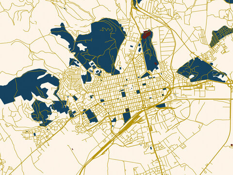 Modern graphic street map of BUL Stara, Zagora, with rich red water shapes with ivory land and golden street network accents