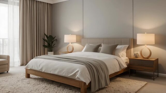 Modern neutral bedroom with wooden bed bedside table lamp soft linen cozy linens warm ambient