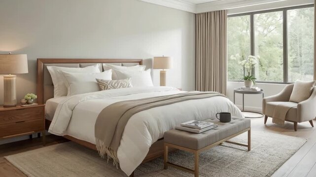 Cozy neutral bedroom with wooden bed and layered bedding, plush bed textiles, wood frame furniture