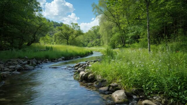 Lush green riverside meadow with winding stream and sunlit trees under blue sky and grass