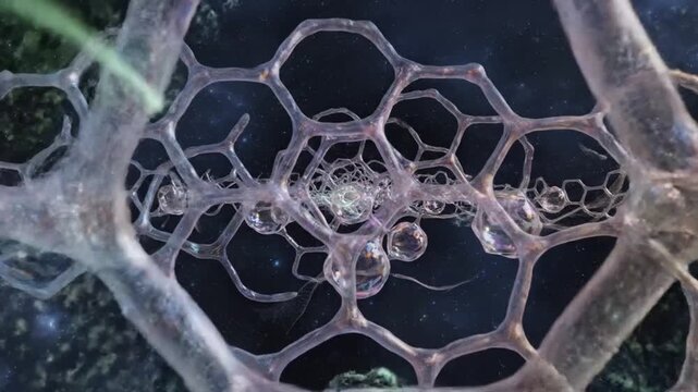 Abstract Microscopic View of Cellular Structures and Biological Processes in a Network.