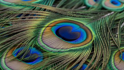 Fototapeta premium Luxurious, exotic close-up of iridescent peacock feathers, shimmering emerald green to sapphire blue. Perfect for high-end fashion, luxury branding, elegant event invitations,