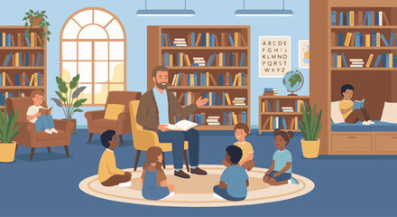 Storyteller in Library A flat vector illustration of a storyteller reading or narrating stories inside a library. Bookshelves and reading corners visible.  © WealthyMinion