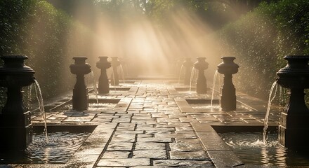 Enchanting fountain pathway with sun rays piercing morning mist serenity