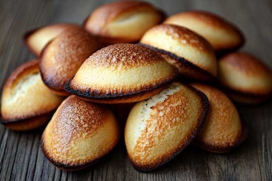 Pile of golden brown Portuguese broas cakes on rustic table