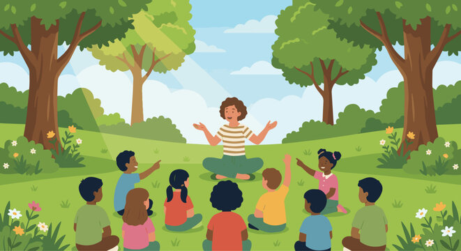 9. Storyteller Outdoor Story Circle
A flat vector illustration of a storyteller sitting in a circle outdoors, telling stories to listeners. Trees and grass in the background. 