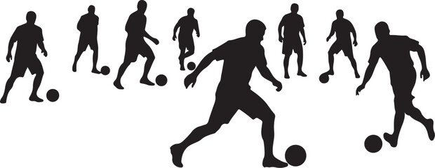 Silhouettes of soccer players in various kicking positions action