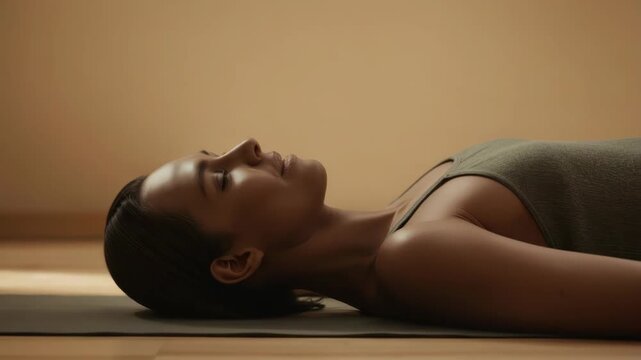 Young woman lying on yoga mat in serene indoor meditation pose relaxation warm light