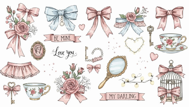 Vintage Romantic Elements Collection with Bows Roses and Keys.