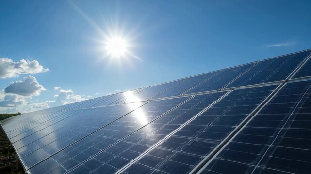 Solar panel array bright sun with clear blue sky and scattered clouds photovoltaic panel renewable