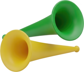 Two brightly colored plastic vuvuzelas one green and one yellow shown overlapping diagonally in a close up studio shot horn noise party celebration sports fan trumpet transparent background