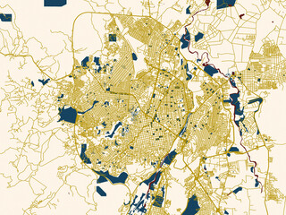 Flat city map of Cucuta, Colombia in gold street network with deep red water