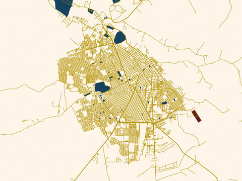 Decorative abstract map of Valledupar, Colombia, featuring rich red water shapes with ivory land and golden street network accents