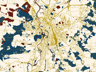 Fototapeta premium Flat city map of Ceske Budejovice - Budweis, Czechia in gold street network with deep red water