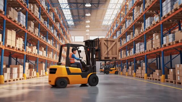 Forklift operator moving a crate in warehouse.