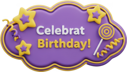 Purple and yellow three dimensional festive sign featuring stars a lollipop and curly ribbons to celebrate a birthday event celebration party greeting candy decoration transparent background