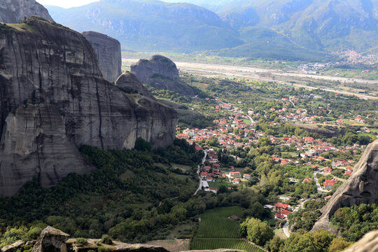 Aerial view of the surrounding towns and habitations, from the sandstone rock formaions of Metera, greece