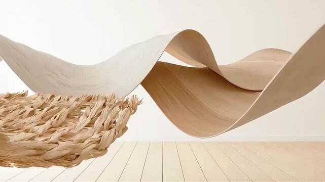 Flowing Woven Natural Material and Beige Fabric Abstract Wave Design