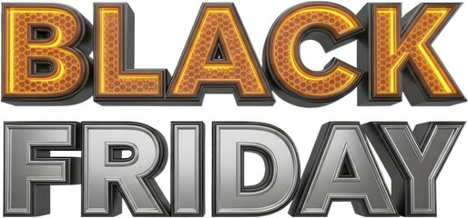 Three dimensional metallic lettering spelling Black Friday with glowing orange texture above silver letters indicating major retail event sale shopping promotion transparent background