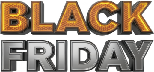 Three dimensional metallic lettering spelling Black Friday with glowing orange texture above silver letters indicating major retail event sale shopping promotion transparent background