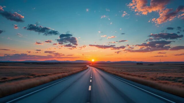 Open road highway to sunset over farmland with dramatic clouds glowing sky horizon