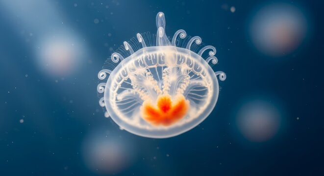 Immortal jellyfish floating in clear water with translucent bell and delicate tentacles. A unique marine species famous for its ability to revert to a juvenile state and renew its life cycle.