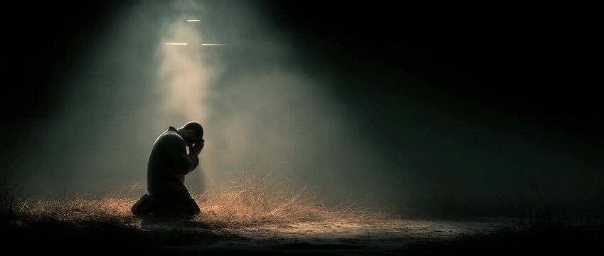 A guy kneeling in prayer in front of a luminous Jesus cross, which stands for spirituality, faith, and the presence of God.