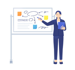 付箋を使いアイデア出し。ホワイトボードの前でタブレットを持ち会議を進行する女性ファシリテーター。 © anna