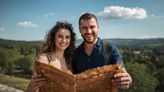 Happy couple outdoors smiling while reading vintage map on scenic travel hilltop sunny landscape