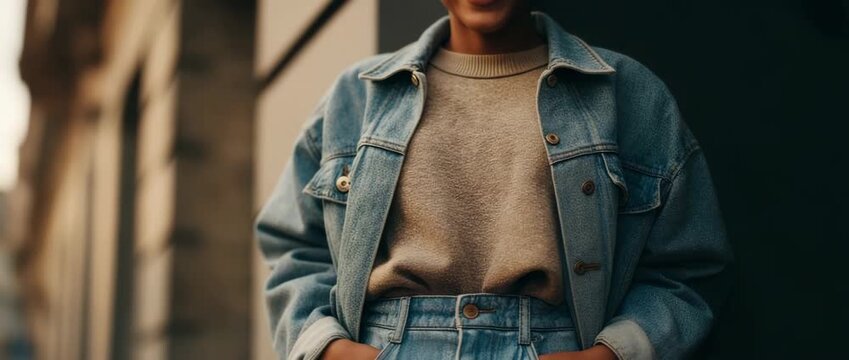 a person with their hands in their high-waisted pants pockets and dressed in double denim. stylish casual look.