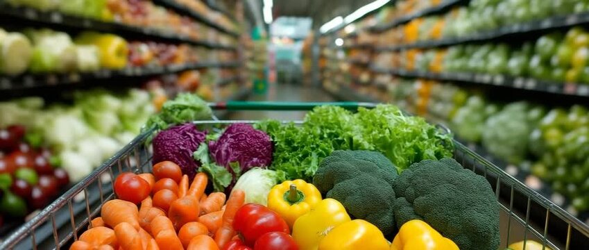 a supermarket cart loaded with nutritious foods. The cart is in the aisle of the supermarket shop.
