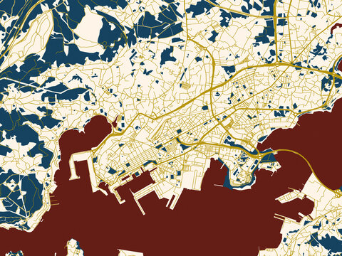 Flat city map of Ferrol, Spain in cream map with gold lines