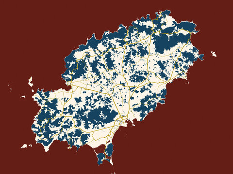 City map of Ibiza, Spain &ndash; midnight red and gold palette