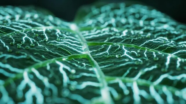 Close-up of a vibrant green leaf with intricate glowing veins, showcasing natures delicate network.