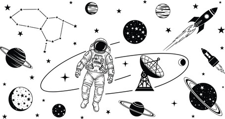 Black and White Space Exploration Silhouette Featuring Astronaut, Rockets, Planets, Stars, and Satellite for Astronomy, Science Education, and Cosmic Adventure Illustration © MdZahedul