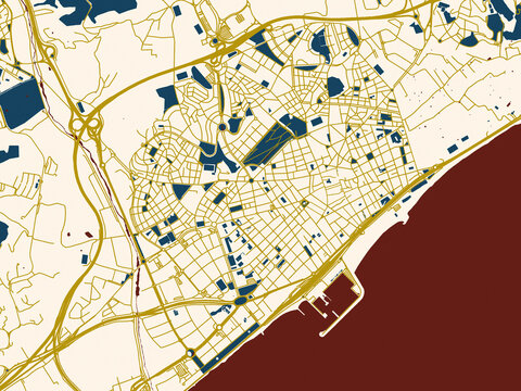 City map of Mataro, Spain &ndash; gold street network with deep red water