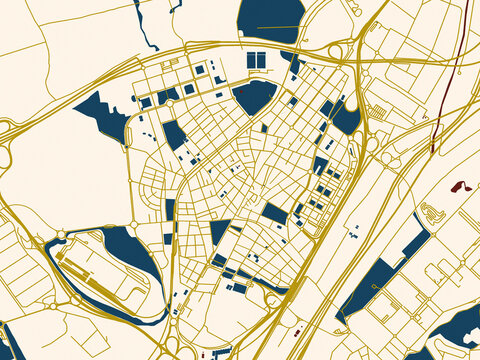 City map of Mollet del Valles, Spain &ndash; midnight red and gold palette