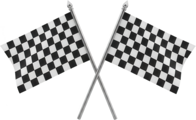 Two small checkered racing flags crossed on silver poles symbolizing finish line victory competition and motorsport success checkered flag car race trophy checkered pattern transparent background