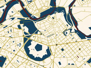 Obraz premium City map of Pamplona Centro, Spain – dark red water and warm gold roads