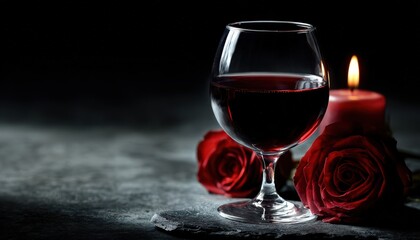 Rich red liquid fills a stemmed glass beside deep crimson roses and a burning pillar of wax