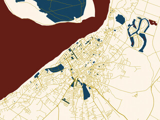 Abstract city map of Sanlucar de Barrameda, Spain with gold street network with deep red water